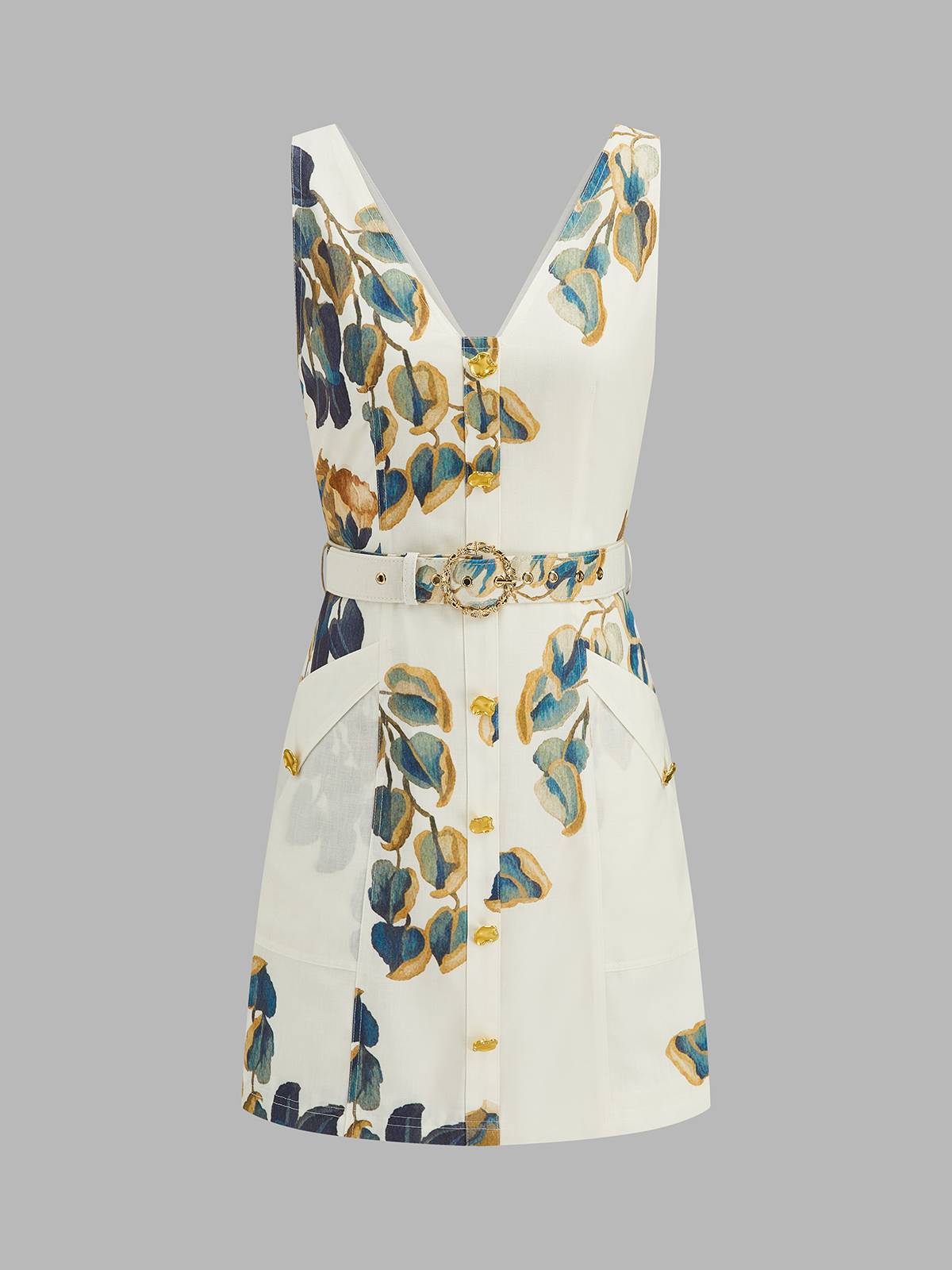 Floral Print Sleeveless Belted Mini Dress