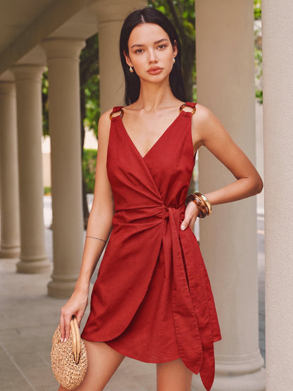Ring Strap Wrap Cotton Linen Mini Dress