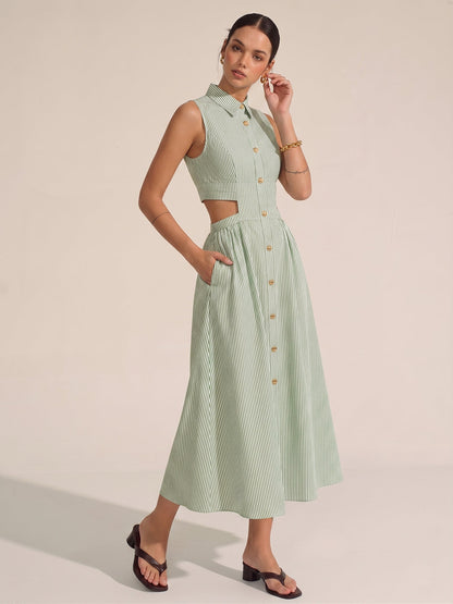 Sleeveless Cutout Striped Midi Shirt Dress