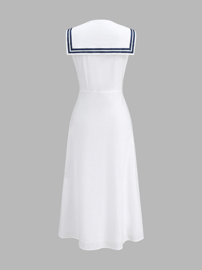 Sleeveless Sailor Collar Cotton Linen Midi Dress