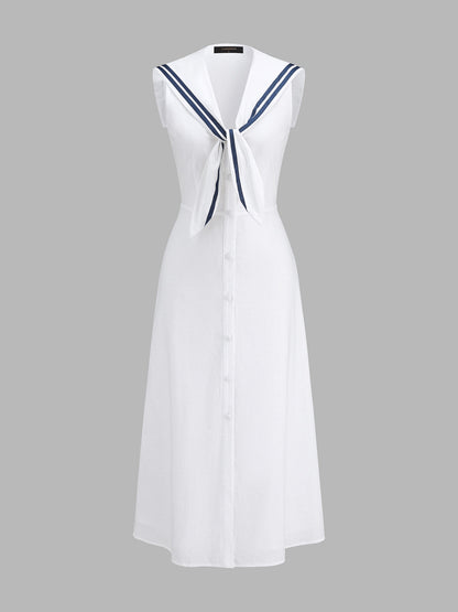 Sleeveless Sailor Collar Cotton Linen Midi Dress