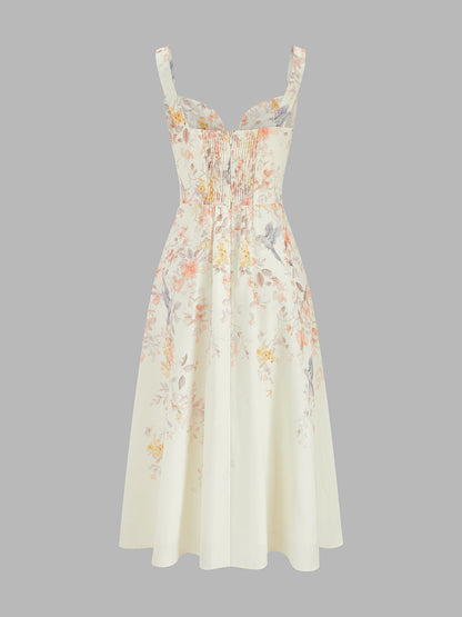 Floral Bird Print Bustier Strap Midi Dress