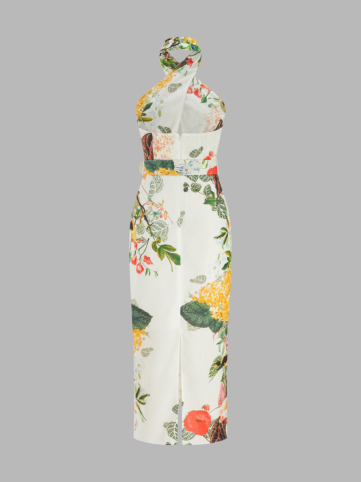 Halter Floral Print Belted Midi Pencil Dress