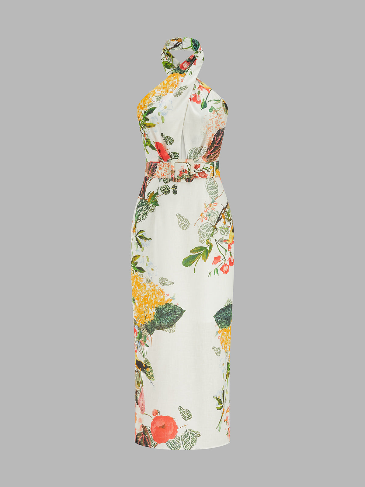 Halter Floral Print Belted Midi Pencil Dress