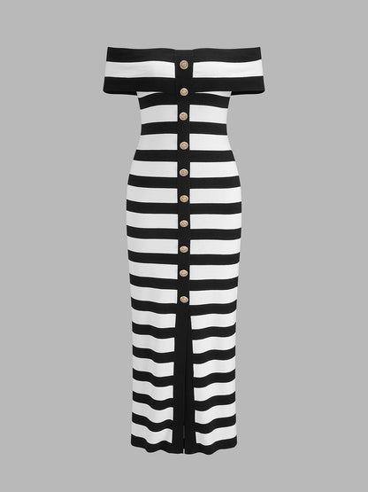 Striped Off Shoulder Knit Midi Dress