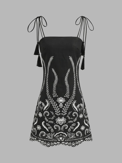 Tassel Tie Embroidered Cami Mini Dress