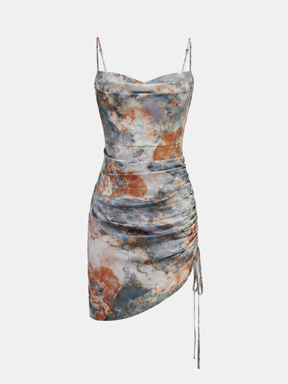 Abstract Print Ruched Drawstring Cami Mini Dress