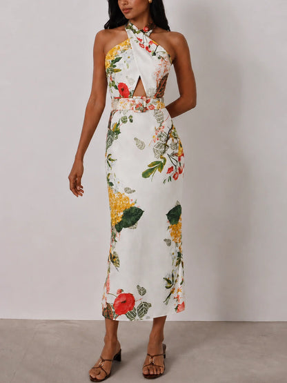 Halter Floral Print Belted Midi Pencil Dress