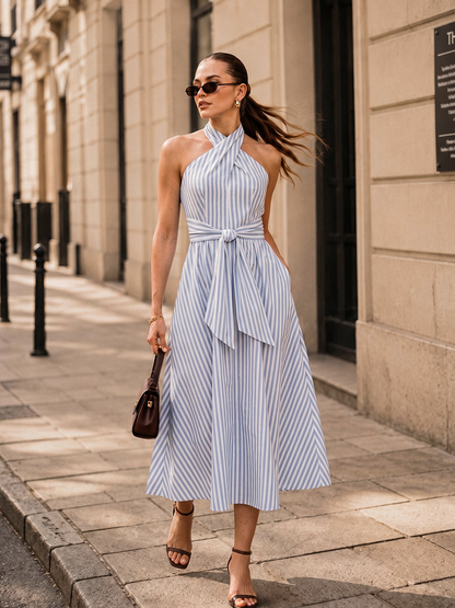 Striped Halter Tie-Waist Maxi Dress