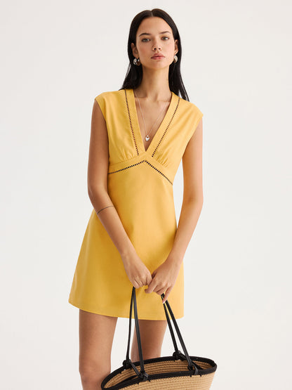 Linen Blend Eyelet Trim Sleeveless Mini Dress