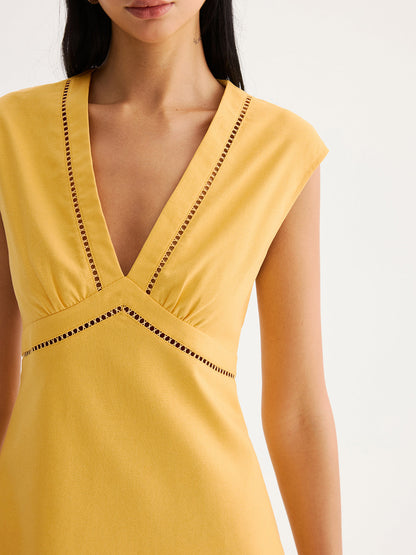 Linen Blend Eyelet Trim Sleeveless Mini Dress