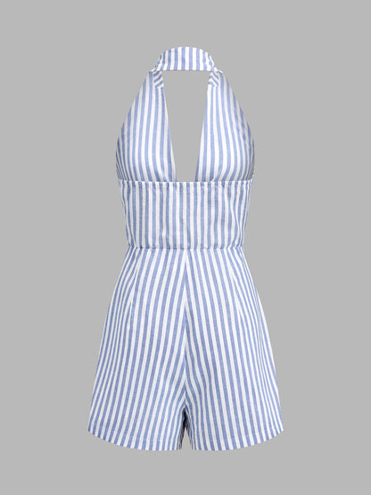 Halter Tie Front Striped Romper