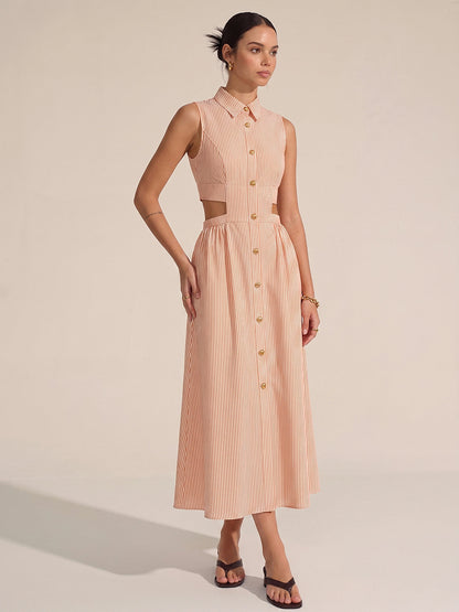 Sleeveless Cutout Striped Midi Shirt Dress
