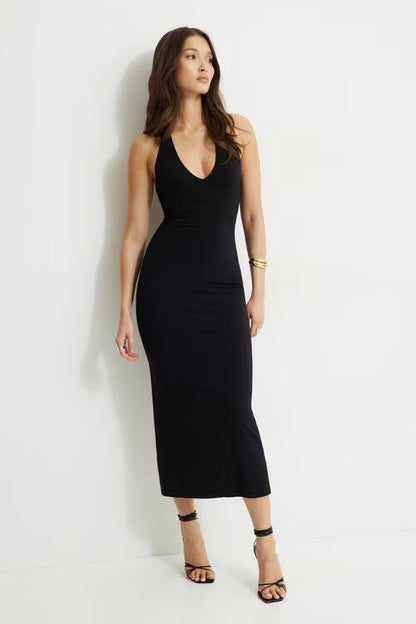 Sculpt Plunging Halter Maxi Dress-Jet Black