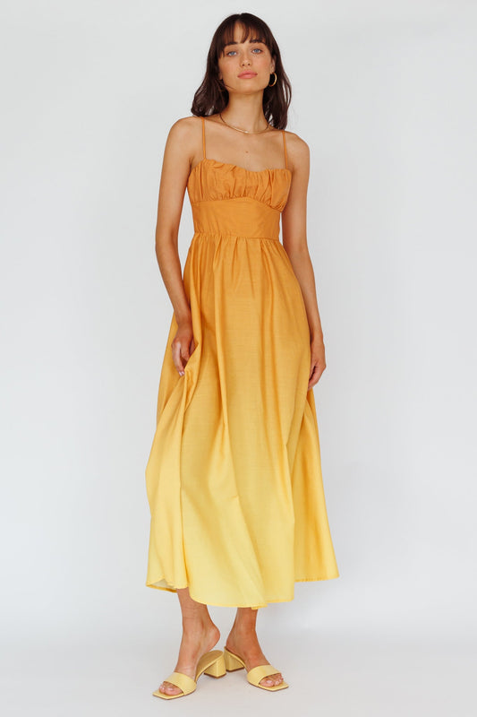 Clarabelle Gathered Bust Midi Dress Gradient Orange