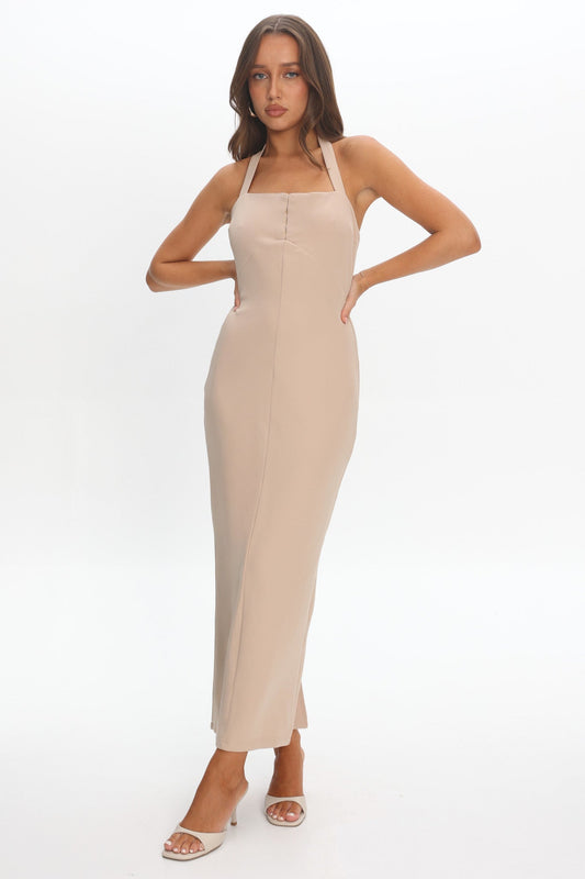Goldfoil Halter Neck Maxi Dress Ecru