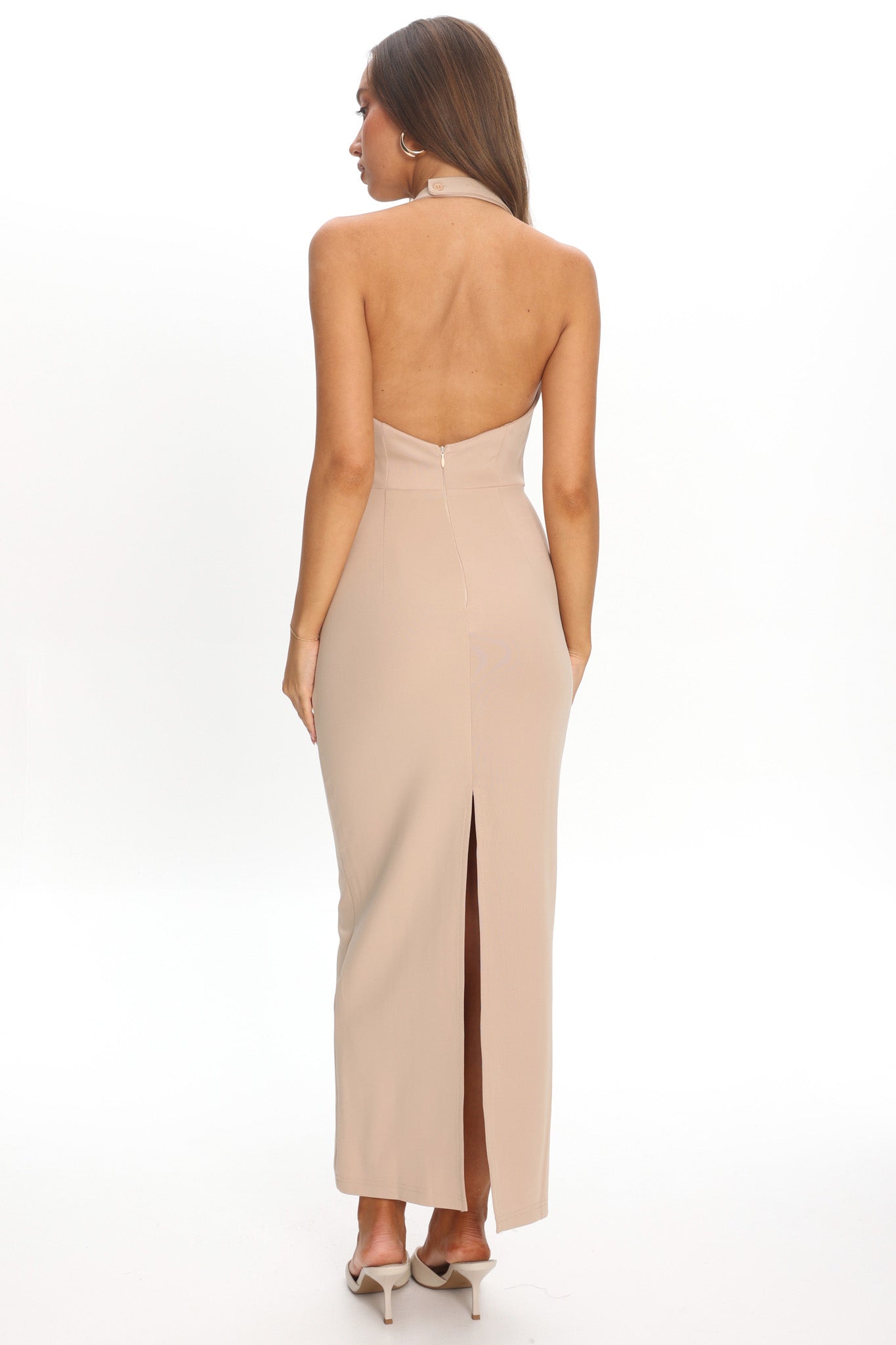 Goldfoil Halter Neck Maxi Dress Ecru
