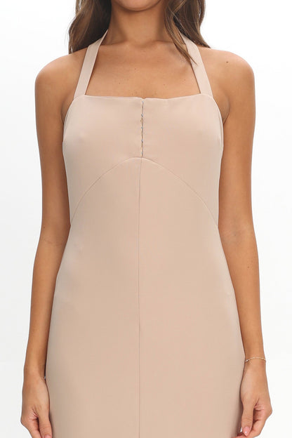 Goldfoil Halter Neck Maxi Dress Ecru