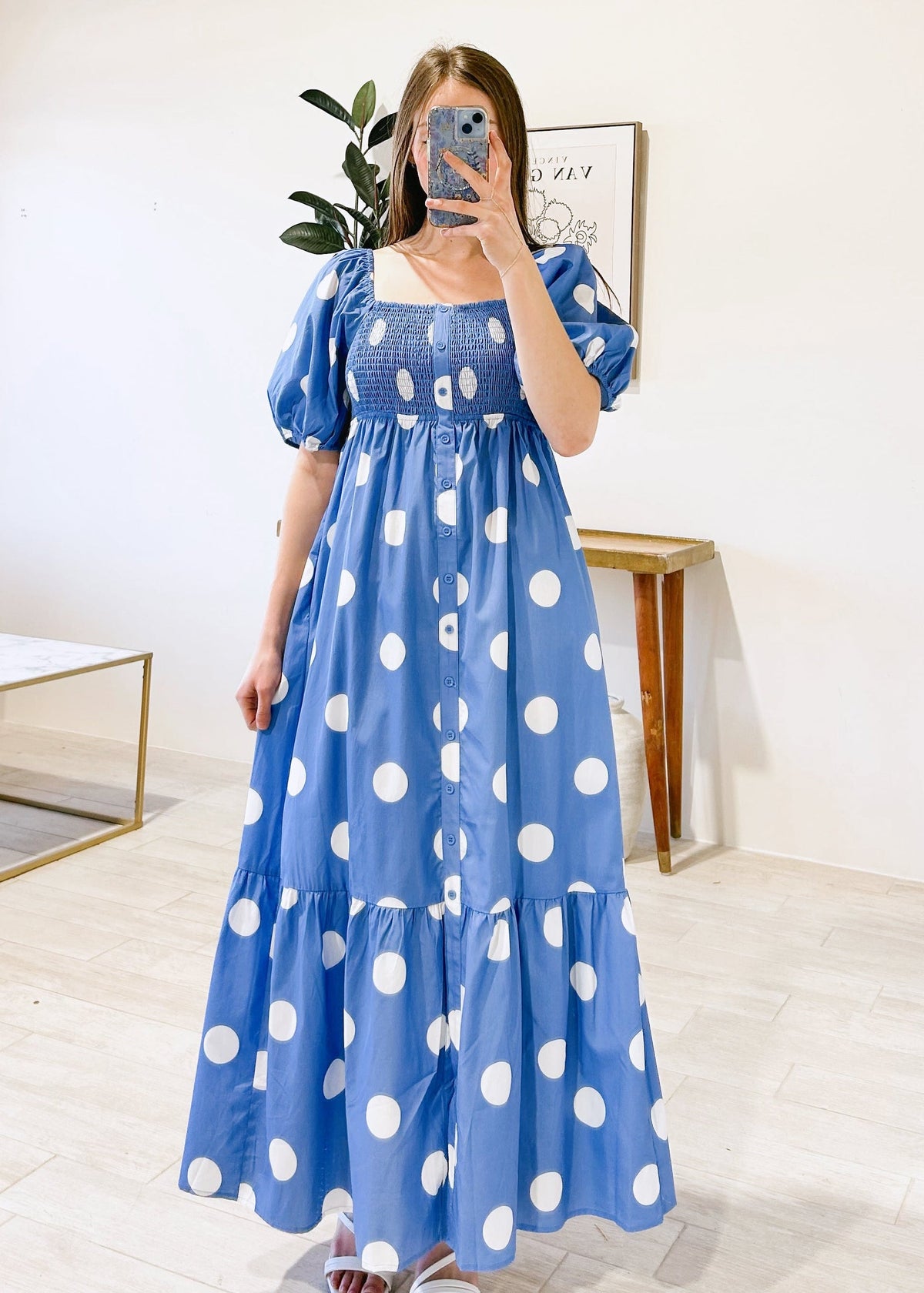Puff Sleeve Polka Dot Maxi Dress