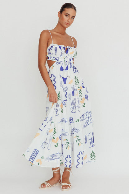 Eyona Cut-Out Back Print Maxi Dress White