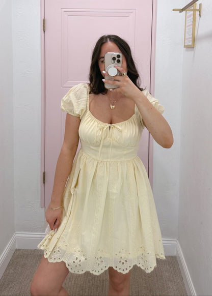 Daisy embroidered puff sleeve mini dress