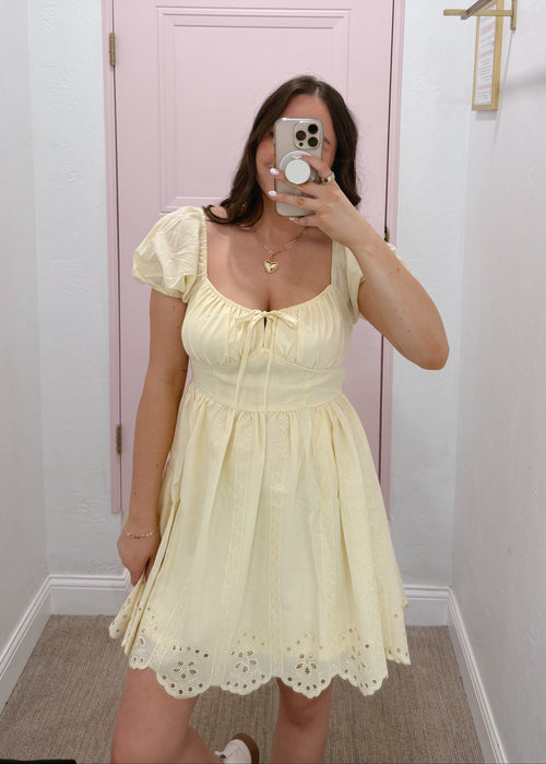 Daisy embroidered puff sleeve mini dress
