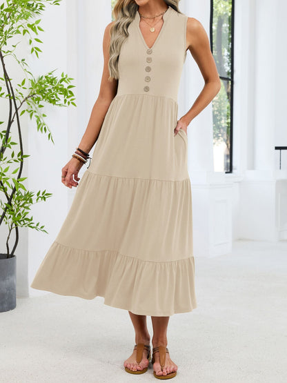 Sleeveless Notched Tiered Midi Dress