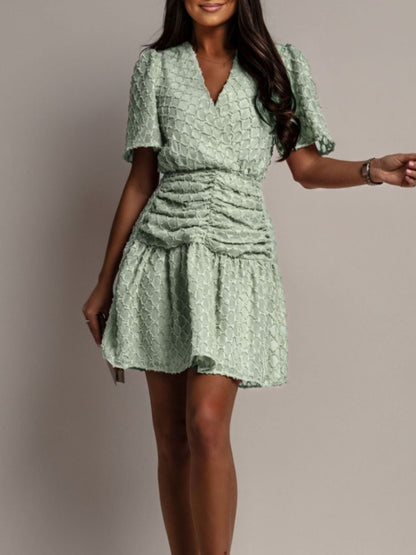 Textured Ruched Surplice Short Sleeve Dress