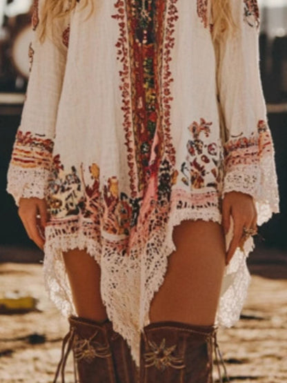Lace Trim Long Sleeve Mini Dress
