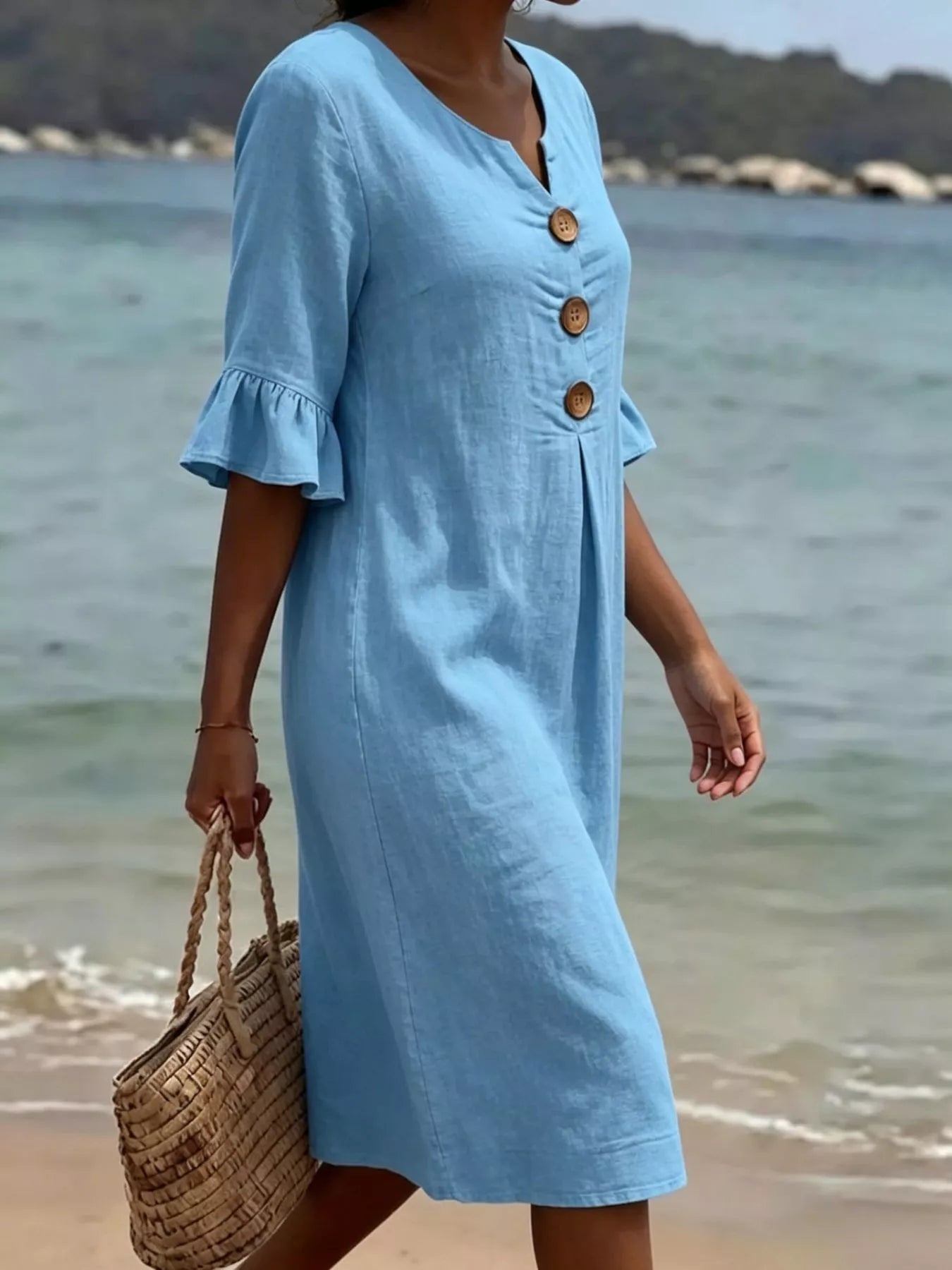 Full Size Button Decor Flounce Sleeve Dress Plus Size