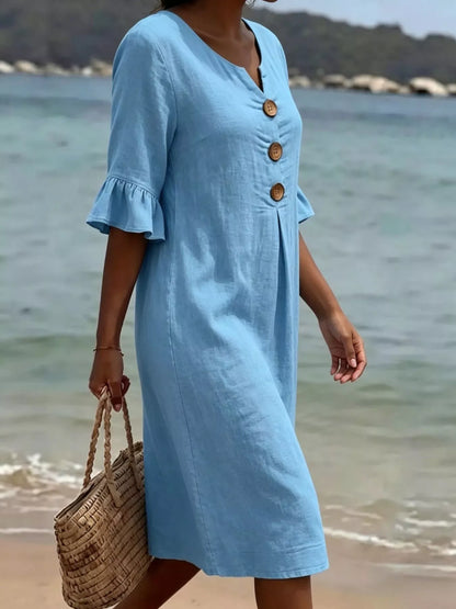 Full Size Button Decor Flounce Sleeve Dress Plus Size