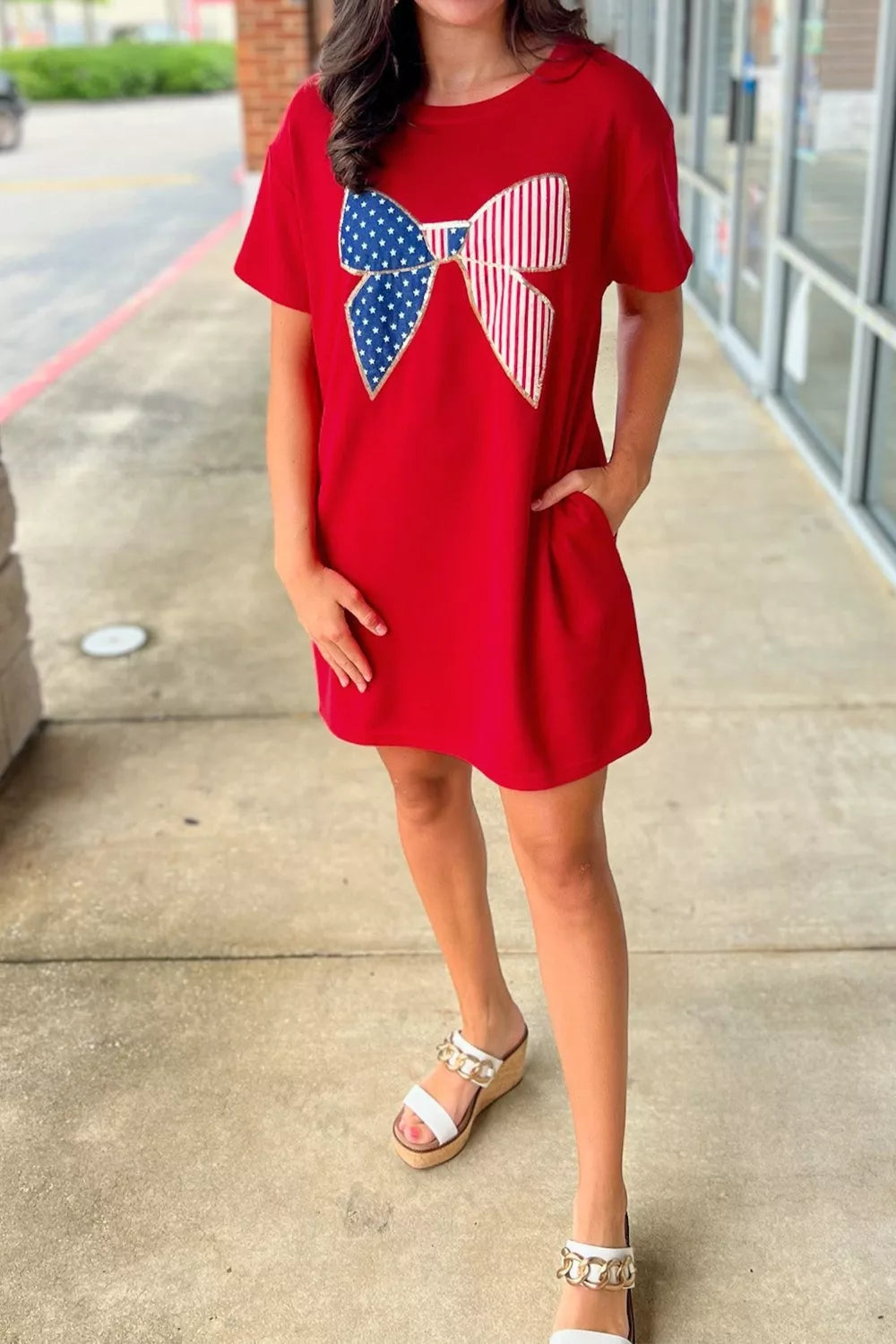 Sequin Trim Stars and Stripes Bow Patched T Shirt Mini Dress