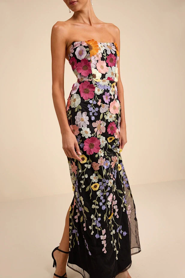 Macario Black Multi 3D Floral Embroidered Strapless Maxi Dress