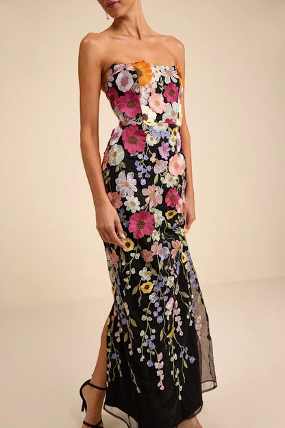 Macario Black Multi 3D Floral Embroidered Strapless Maxi Dress