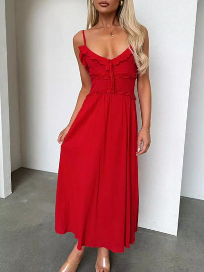 Ruffled Trimmed Spaghetti Strap Midi Dress