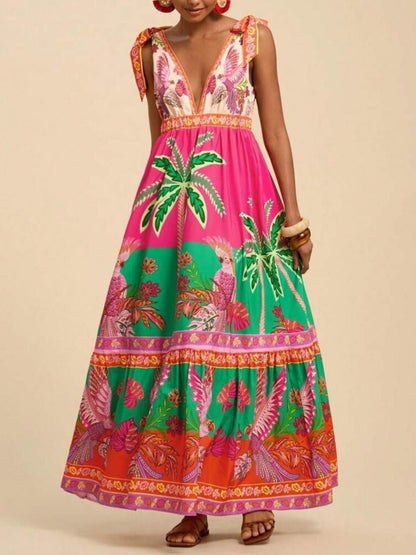 Tropical Print Tie-Shoulder Maxi Dress