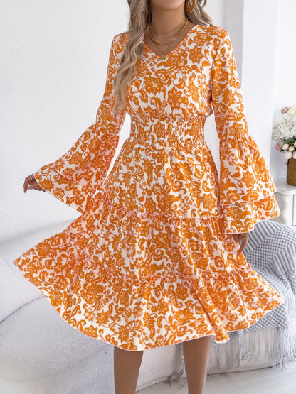 Floral Print Smocked Ruffle Hem Flared Sleeve Dress