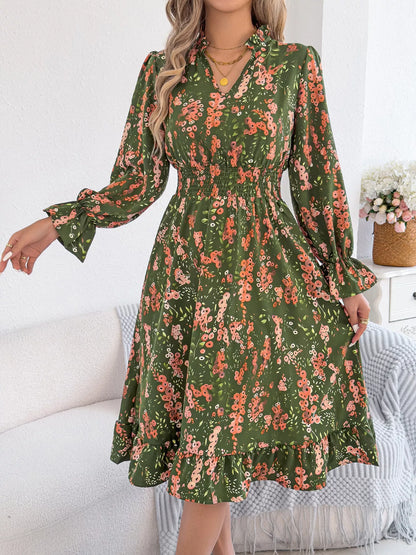 Floral Print Ruffle Hem Flounce Sleeve A-Line Dress