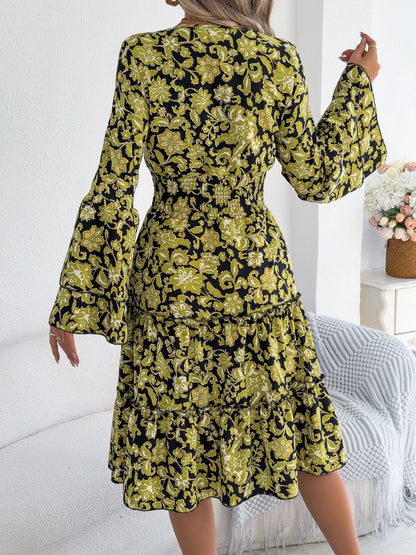 Floral Print Smocked Ruffle Hem Flared Sleeve Dress