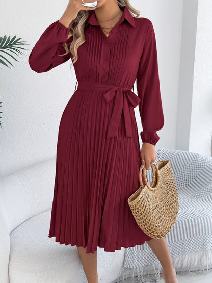 Pleated Tie Waist Balloon Sleeve Dress