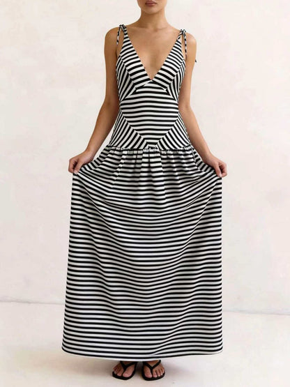 Striped V-Neck Tie-Shoulder Maxi Dress