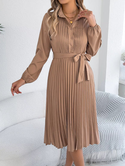 Pleated Tie Waist Balloon Sleeve Dress