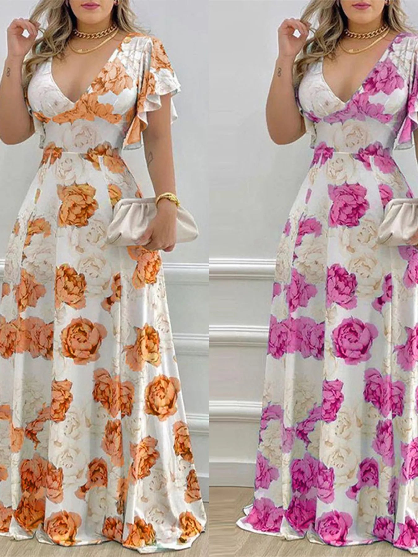 Floral Print V-Neck Ruffle Sleeve Maxi Dress