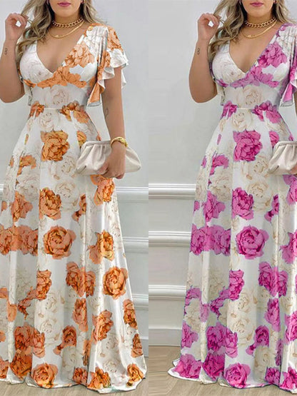 Floral Print V-Neck Ruffle Sleeve Maxi Dress