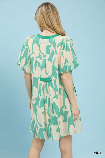 Umgee Abstract Print Puff Sleeve Shift Dress