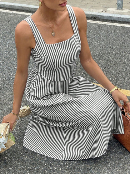 Striped Square Neck Midi Dress