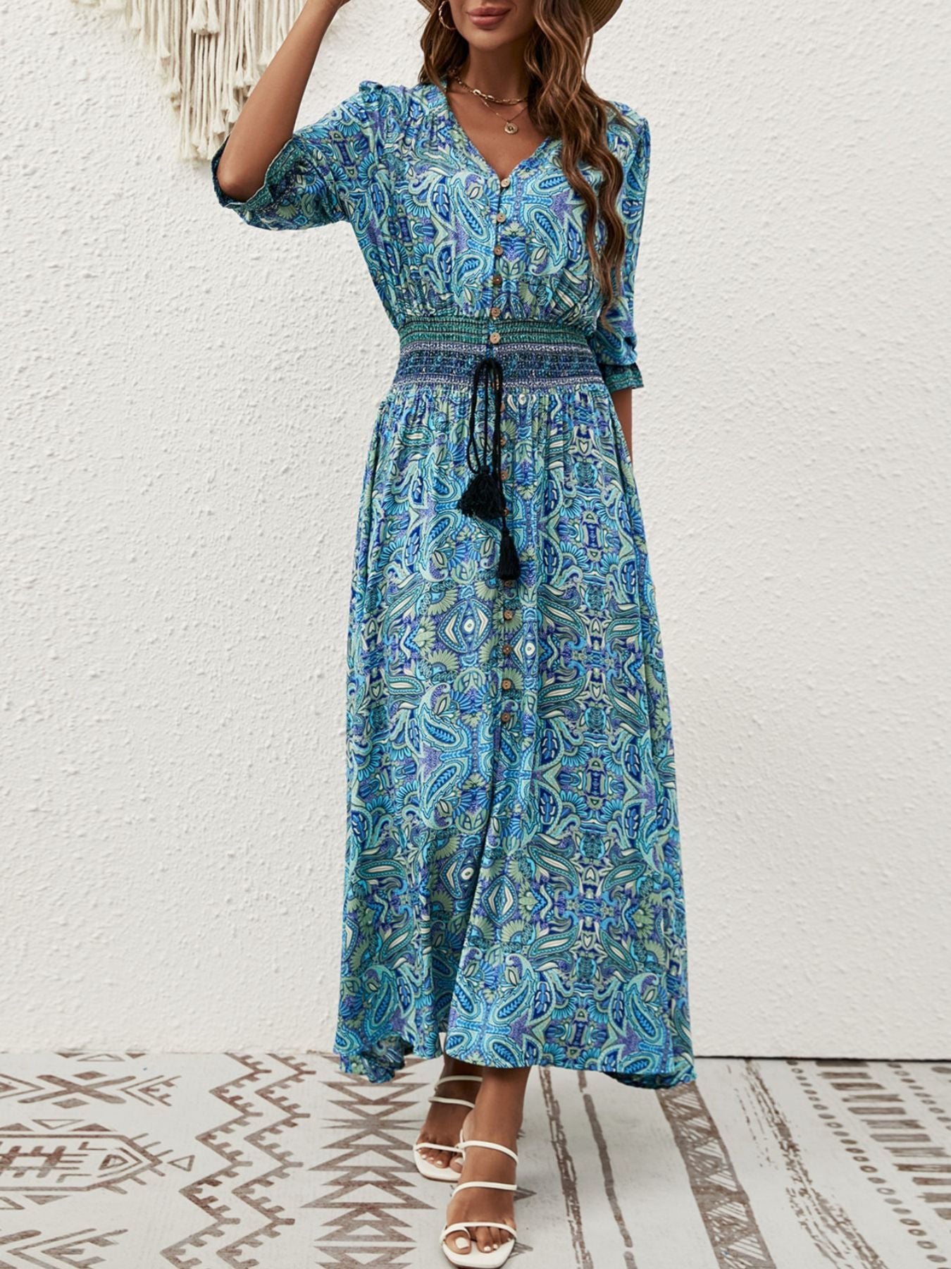 Paisley Print Half Sleeve Slit Midi Dress