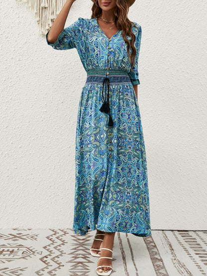 Paisley Print Half Sleeve Slit Midi Dress