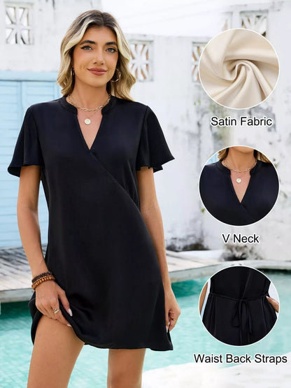 Notched Flutter Sleeve Mini Dress
