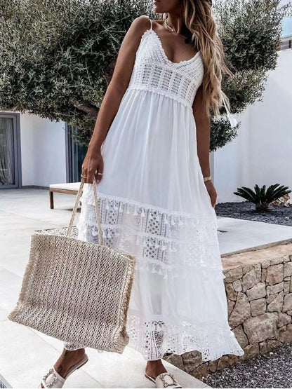 Full Size Bohemian Crochet Trimmed Cami Dress with Tassel Trim Plus Size